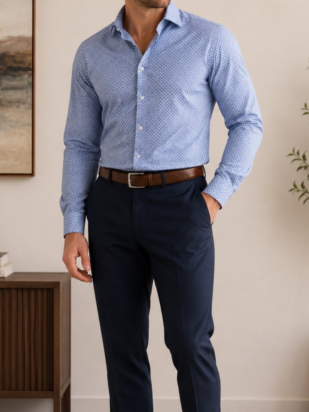 Nick Graham Men's Stretch Modern Fit Blue Patterned Button-Down Dress Shirt - 15